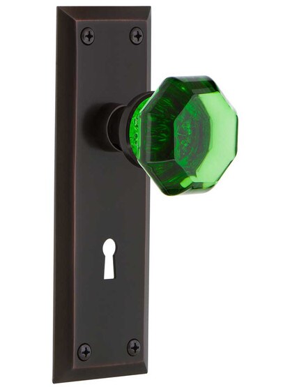 New York Mortise Lock Set with Colored Waldorf Crystal Glass Knobs Emerald in Timeless Bronze.
